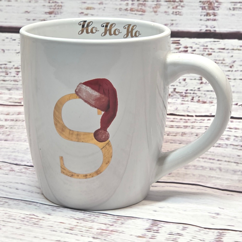 Monogram Holiday Coffee Mug Unisex OS White Excellent Santa Hat Initial S‎ Gold